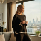 Woman wearing Rovarix black loungewear set with beige trim standing by window holding coffee cup"
