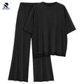 Rovarix black 2-piece loungewear set oversized crewneck tee and wide-leg flare pants flat lay
