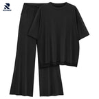 Rovarix black 2-piece loungewear set oversized crewneck tee and wide-leg flare pants flat lay