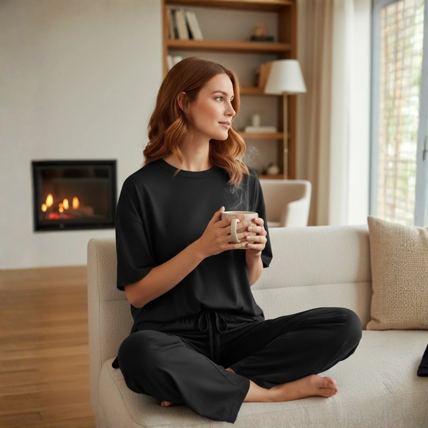 Woman wearing Rovarix black loungewear set sitting cross-legged on sofa holding steaming coffee mug by fireplace