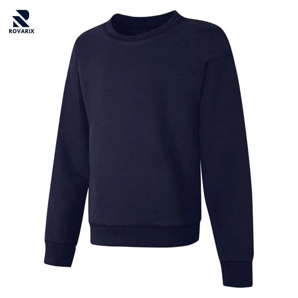 Rovarix men's navy blue crewneck sweatshirt premium fleece loungewear ribbed collar