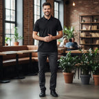 Man wearing Rovarix black polo shirt standing in modern office cafe coworking
