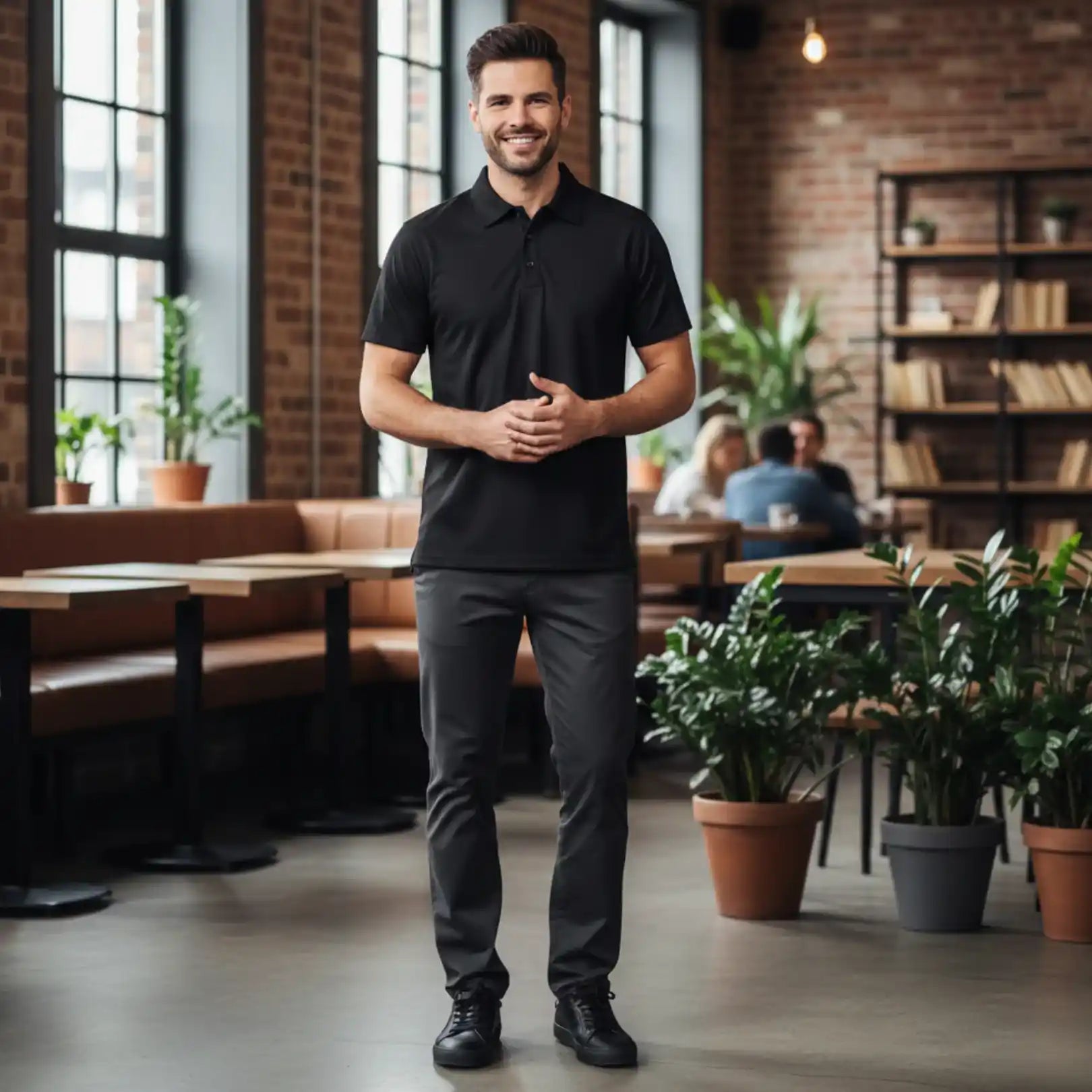 Man wearing Rovarix black polo shirt standing in modern office cafe coworking