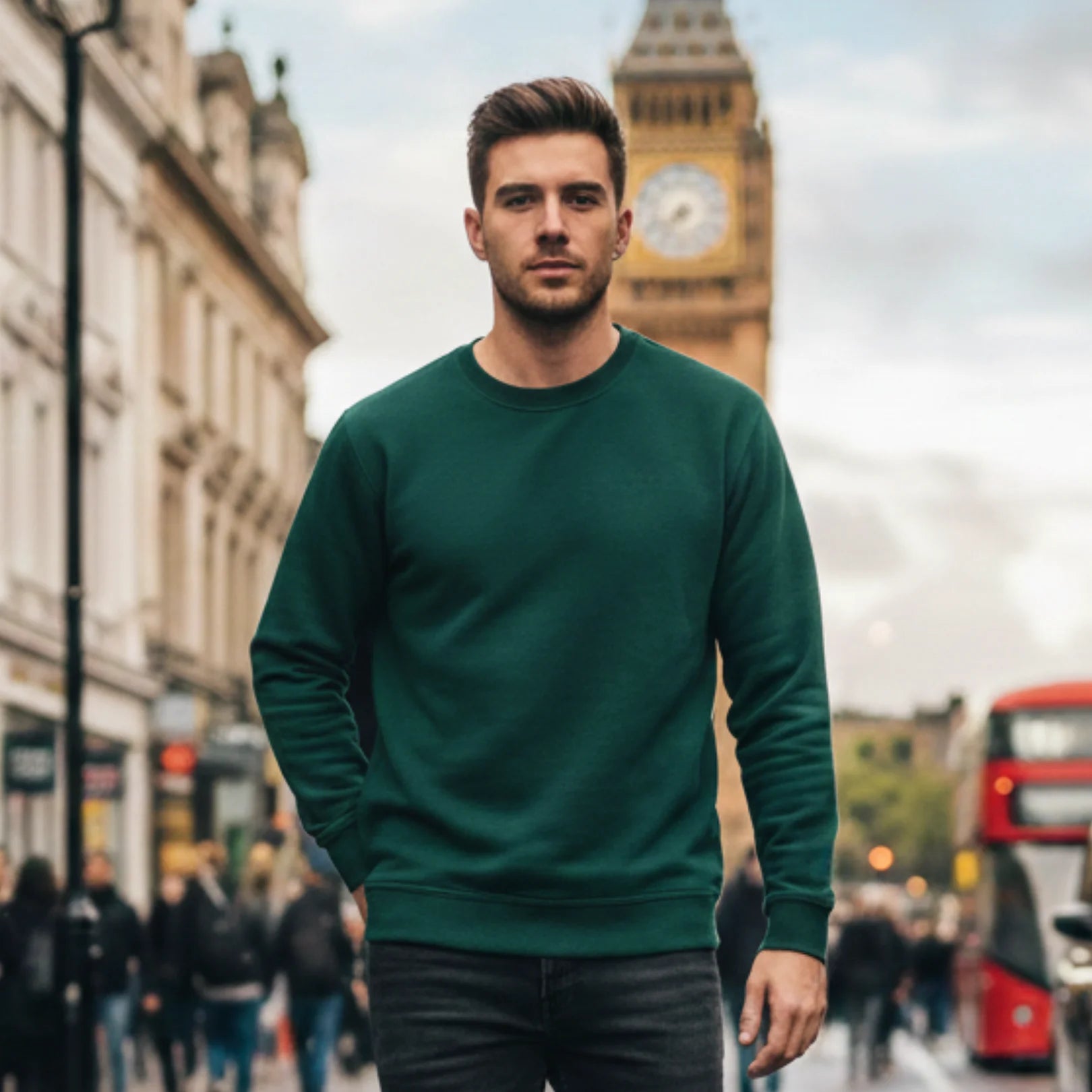 Man wearing Rovarix forest green crewneck sweatshirt loungewear standing