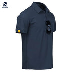 Man wearing Rovarix navy polo shirt with sunglasses clipped to chest holder