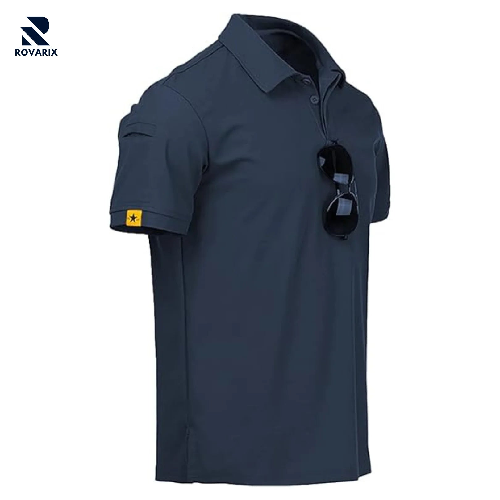 Man wearing Rovarix navy polo shirt with sunglasses clipped to chest holder