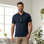 Rovarix men's navy blue polo shirt with built-in sunglass holder loop and yellow star
