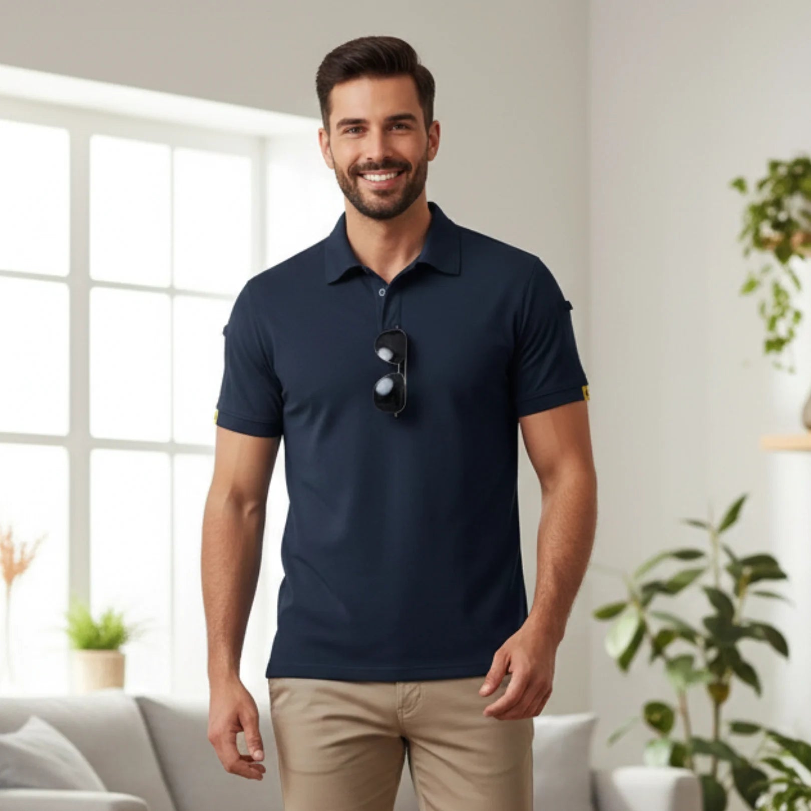 Rovarix men's navy blue polo shirt with built-in sunglass holder loop and yellow star