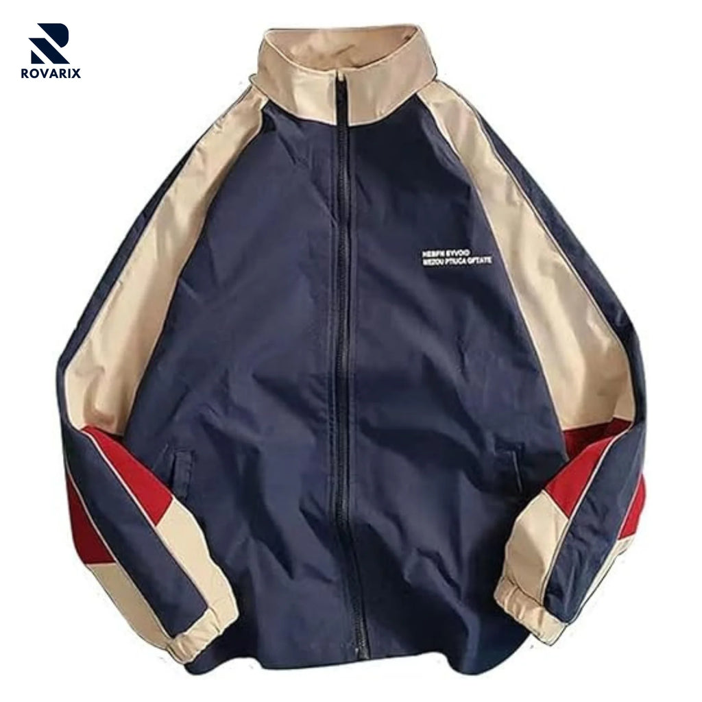 Navy blue jacket with beige and red accents on a white background, featuring the Rovarix brand.