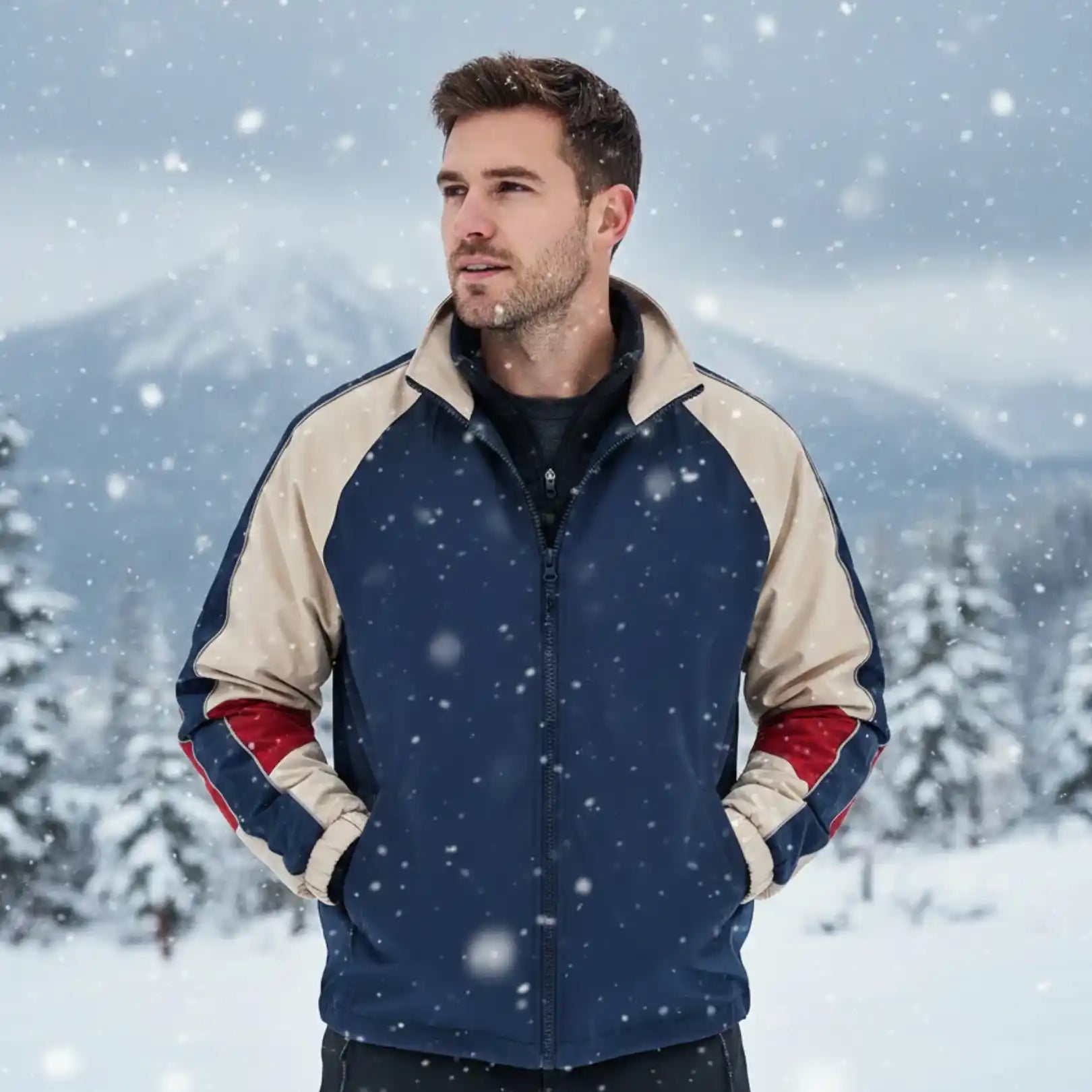 Man wearing Rovarix multi-color retro windbreaker jacket outdoors during casual