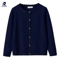 Rovarix women's navy blue classic cardigan button-front round neck scalloped trim knit sweater