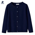 Rovarix women's navy blue classic cardigan button-front round neck scalloped trim knit sweater