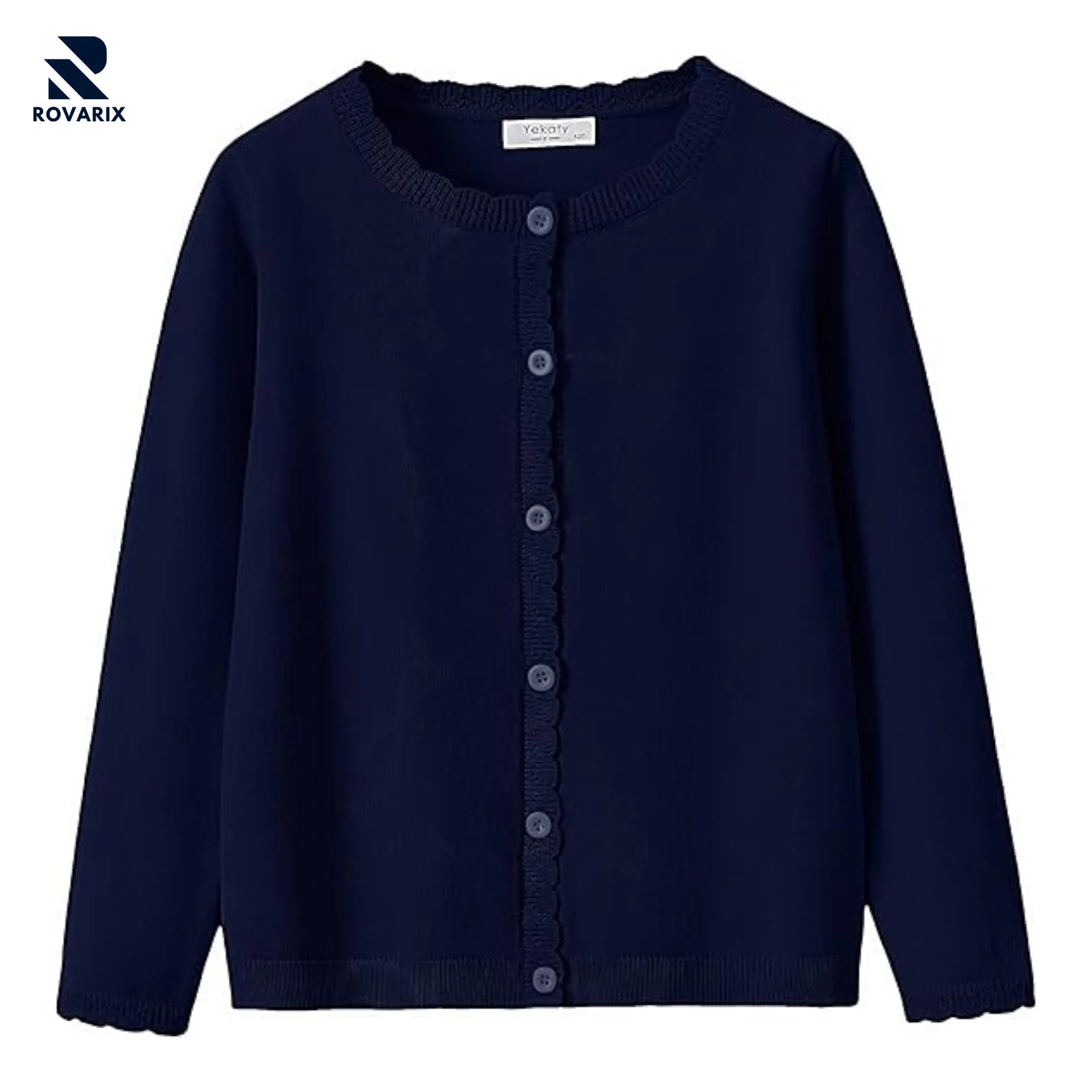 Rovarix women's navy blue classic cardigan button-front round neck scalloped trim knit sweater