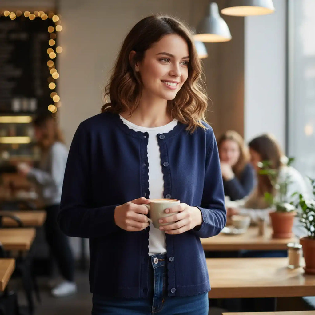 Woman wearing Rovarix navy blue button-front cardigan with scalloped trim holding coffee cup