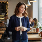 Woman wearing Rovarix navy blue button-front cardigan with scalloped trim holding coffee cup
