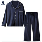 Rovarix navy blue men's pajama set 2-piece with button-up top and elastic waist pants white contrast trim