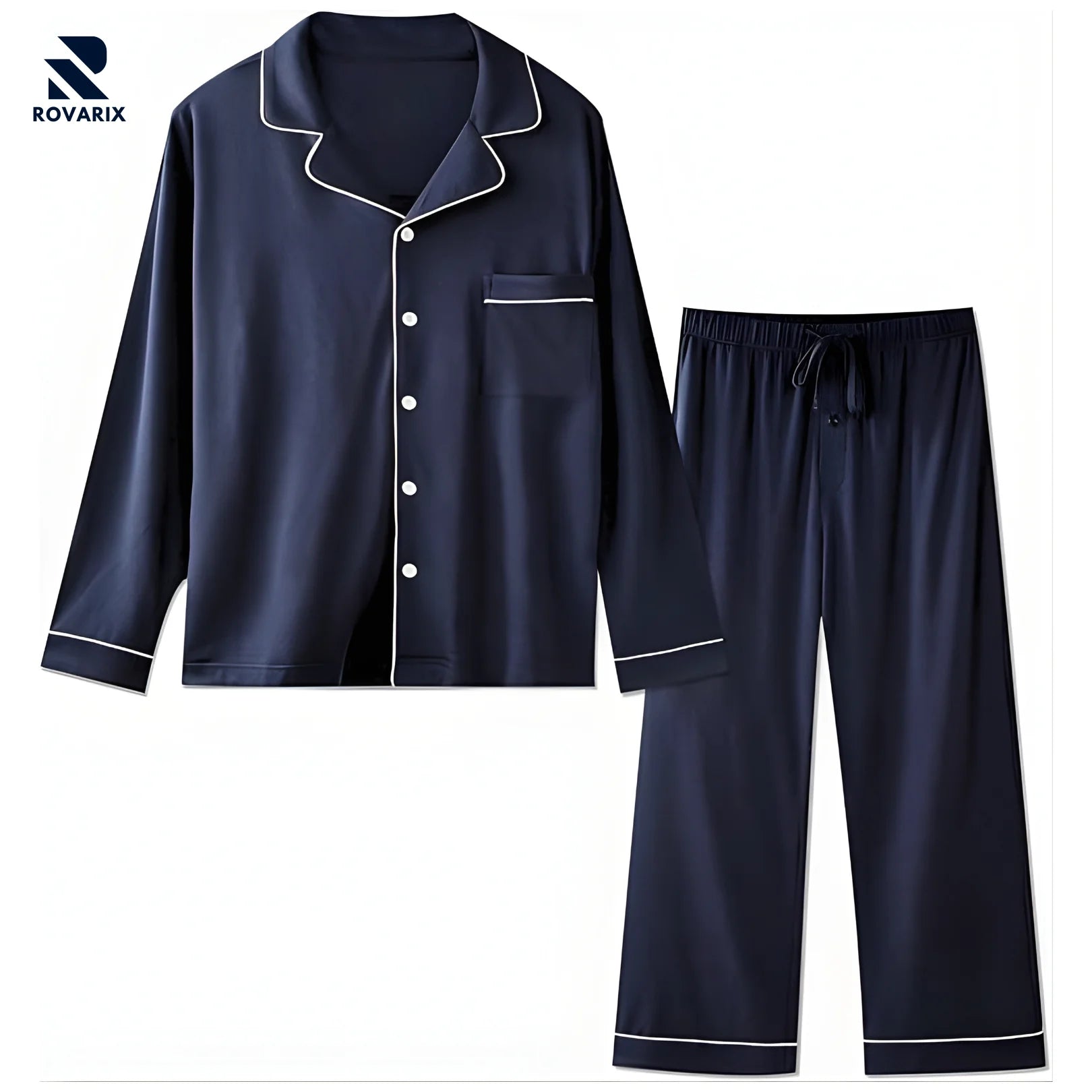 Rovarix navy blue men's pajama set 2-piece with button-up top and elastic waist pants white contrast trim