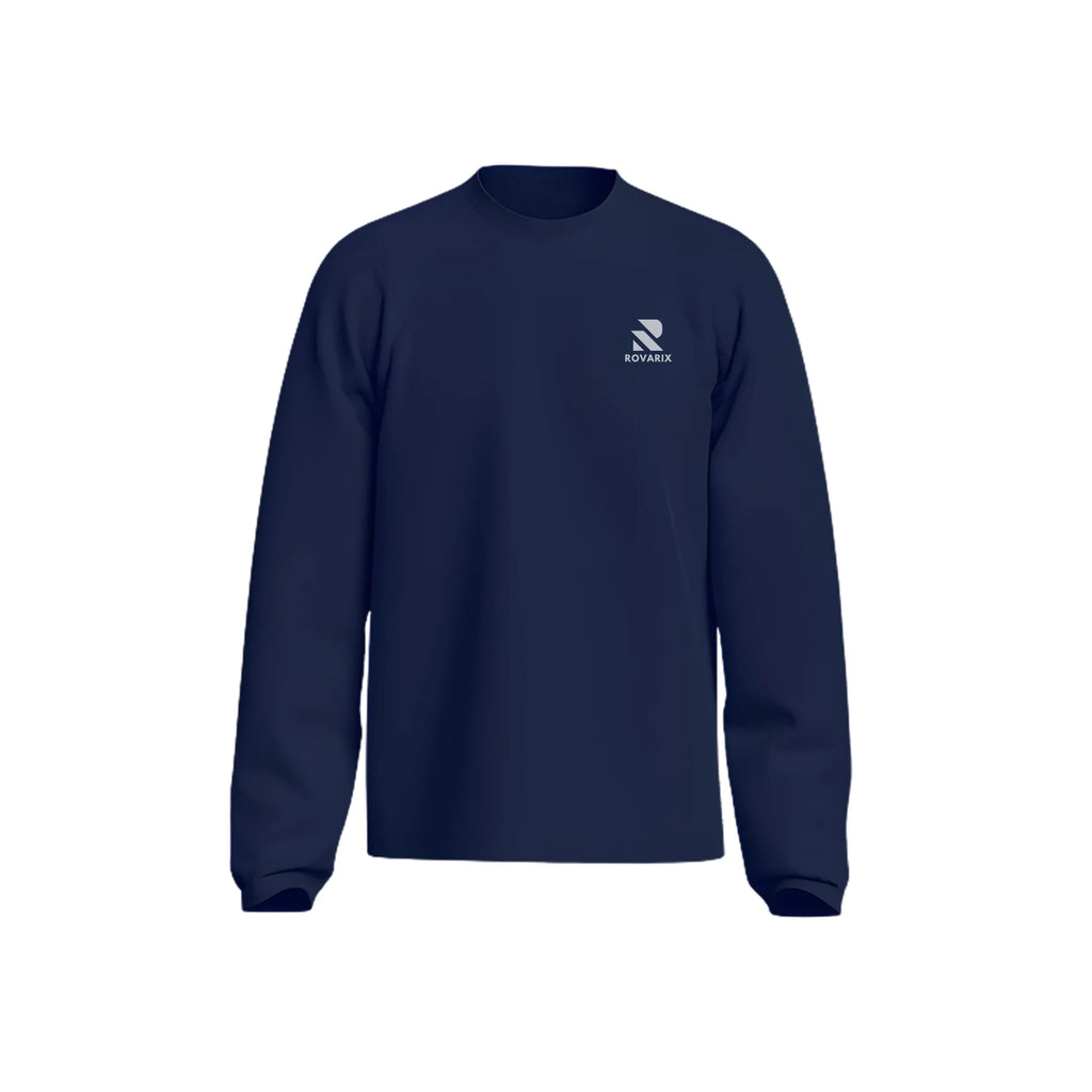 Rovarix navy blue crewneck sweatshirt front view with white logo on chest