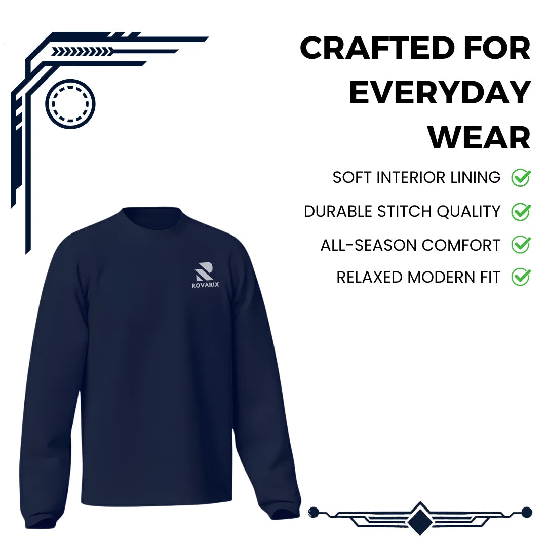 Rovarix navy sweatshirt Front view showing clean minimal design