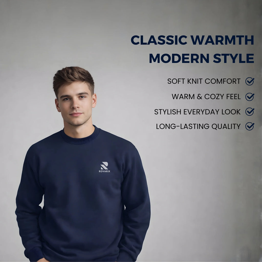 Man wearing a navy  Rovarix blue sweatshirt with a brand logo on a gray background, featuring text about the sweatshirt's qualities.