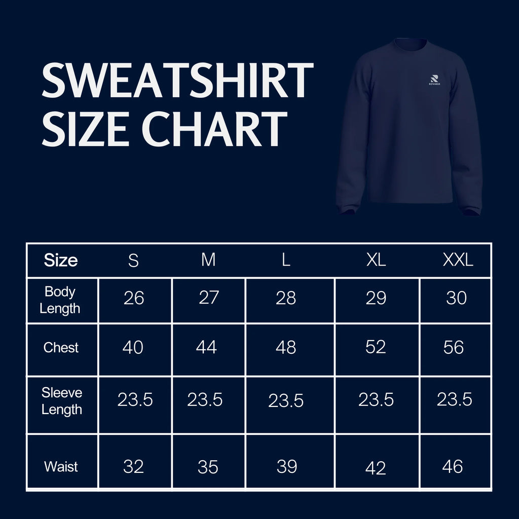 Rovarix Navy sweatshirt with size chart on a navy background