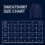 Rovarix Navy sweatshirt with size chart on a navy background