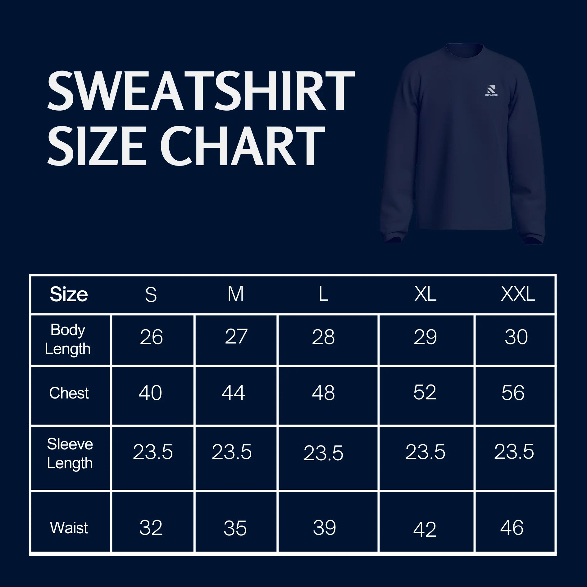 Rovarix Navy sweatshirt with size chart on a navy background