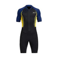 Black and blue wetsuit with yellow accents on a white background
