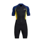 Black and blue wetsuit with yellow accents on a white background