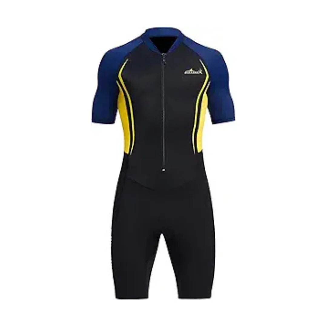 Black and blue wetsuit with yellow accents on a white background
