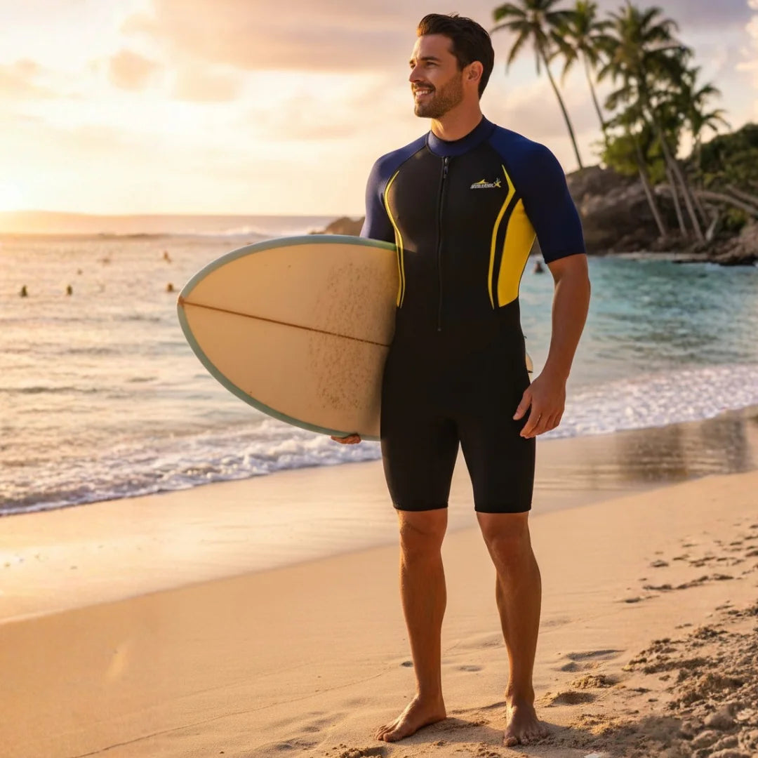 Man in a wetsuit holding a surfboard on a beach at sunset