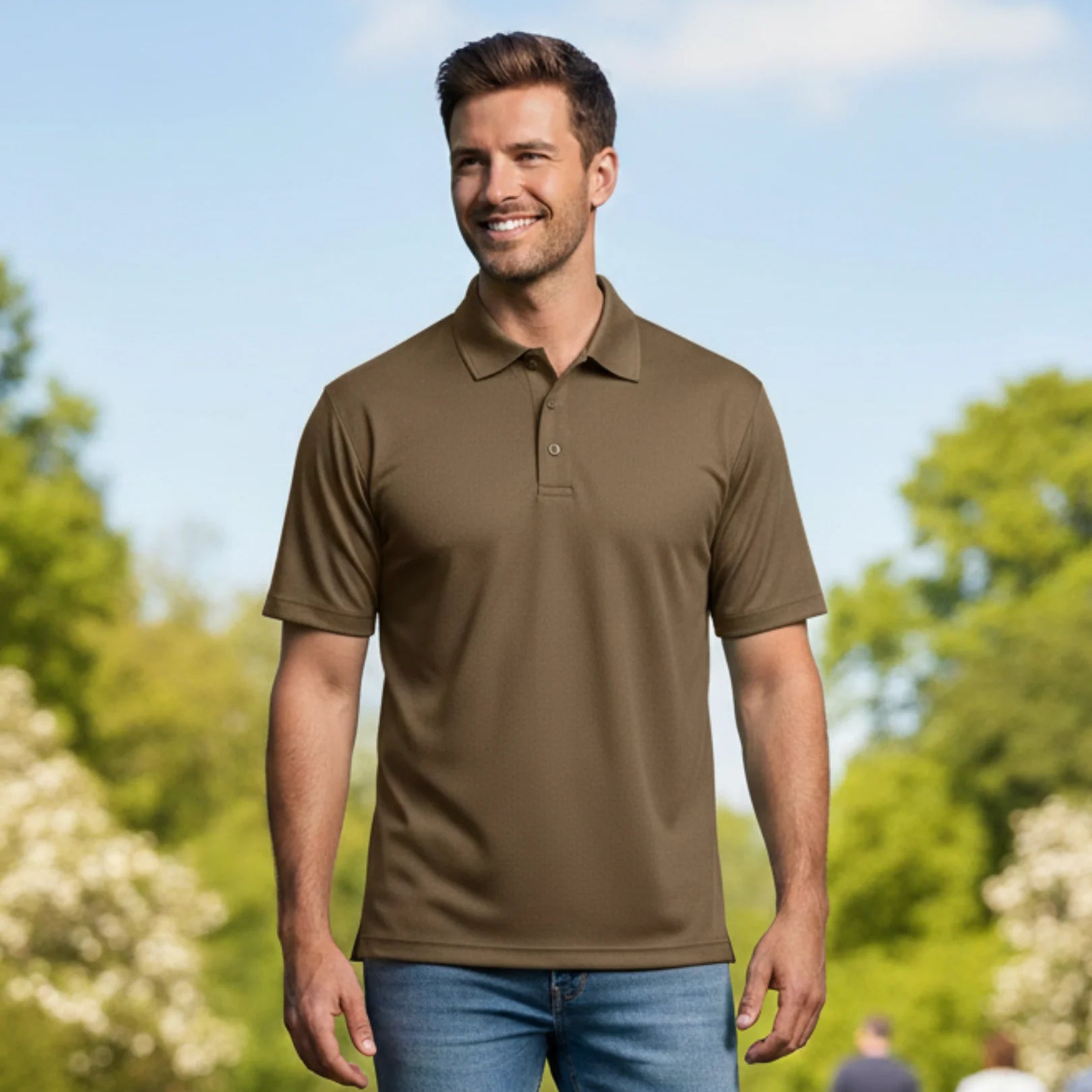 Man wearing Rovarix olive green performance polo shirt outdoors in natural park setting 