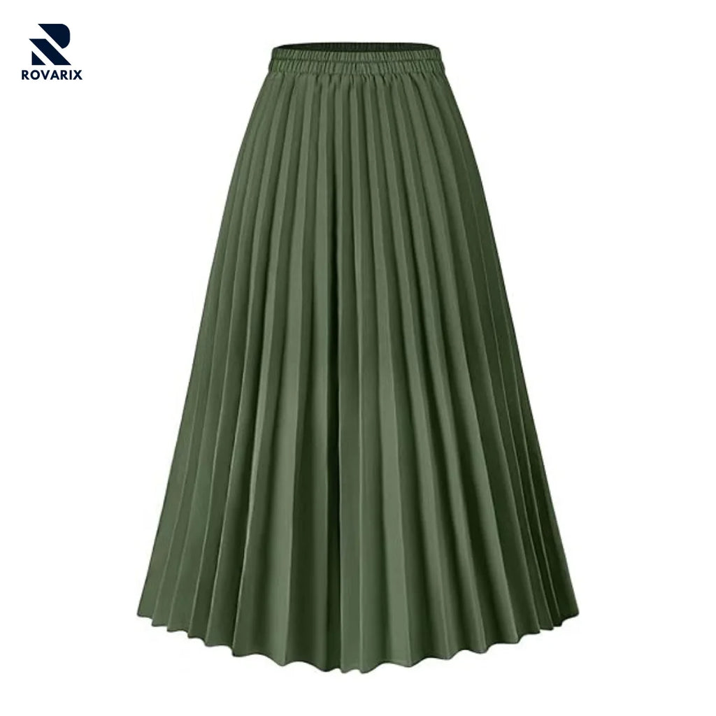 Rovarix women's olive green pleated midi skirt A-line accordion pleats high-waisted elastic waist