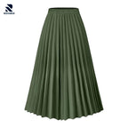 Rovarix women's olive green pleated midi skirt A-line accordion pleats high-waisted elastic waist