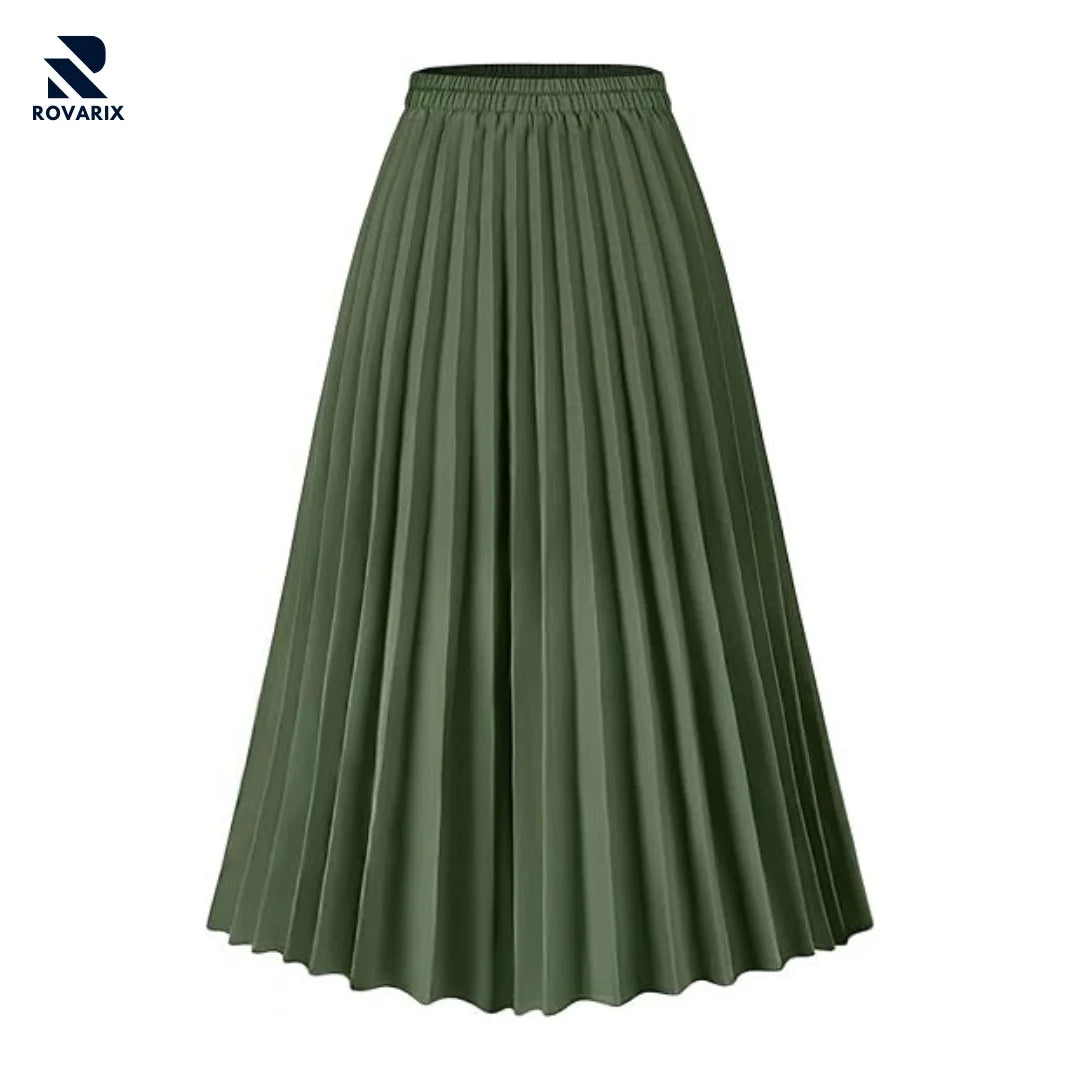 Rovarix women's olive green pleated midi skirt A-line accordion pleats high-waisted elastic waist