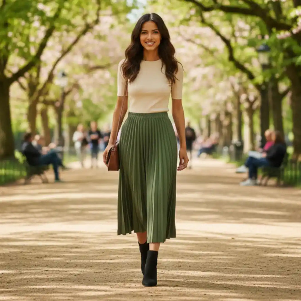 "Woman wearing Rovarix olive green pleated midi skirt with cream top walking