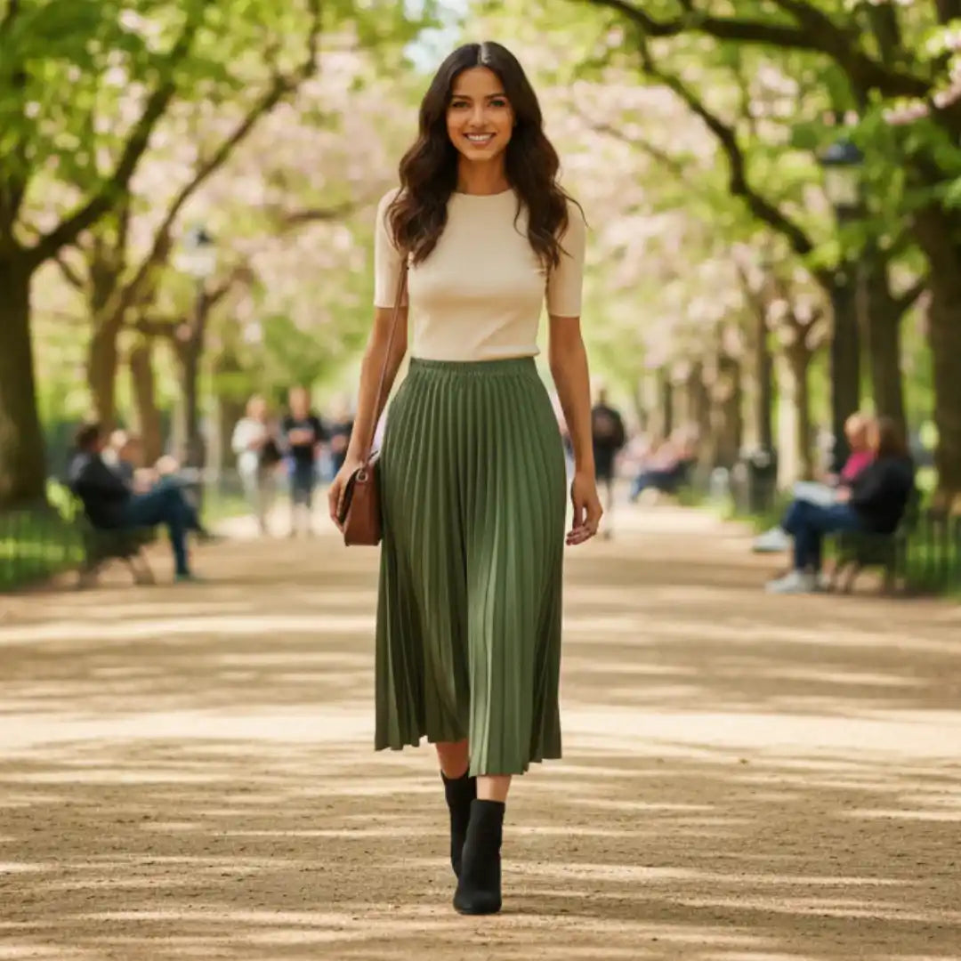"Woman wearing Rovarix olive green pleated midi skirt with cream top walking