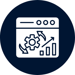 Icon of a webpage with a gear and arrows on a dark blue background