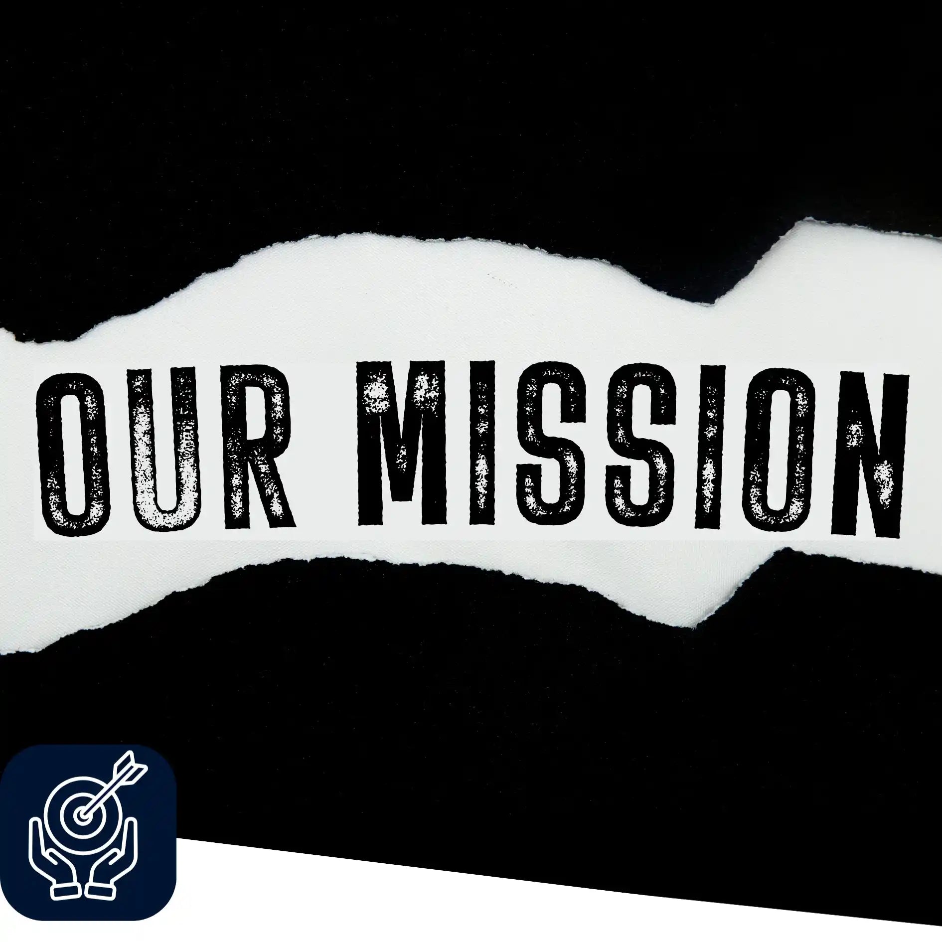 Text 'OUR MISSION' on a black and white background with a logo at the bottom left corner.