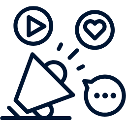 Icon set with play button, heart, megaphone, and speech bubble on a white background