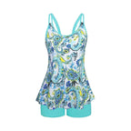 Rovarix women's blue paisley tankini swimwear flared swimsuit top turquoise swim shorts shelf bra
