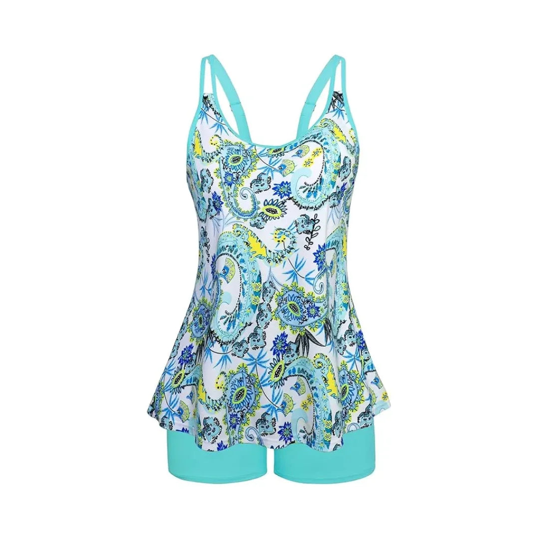 Rovarix women's blue paisley tankini swimwear flared swimsuit top turquoise swim shorts shelf bra