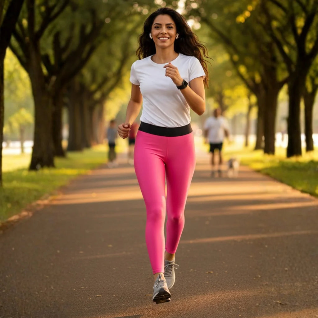 Woman wearing Rovarix pink athletic leggings with white t-shirt running 