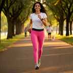 Woman wearing Rovarix pink athletic leggings with white t-shirt running 