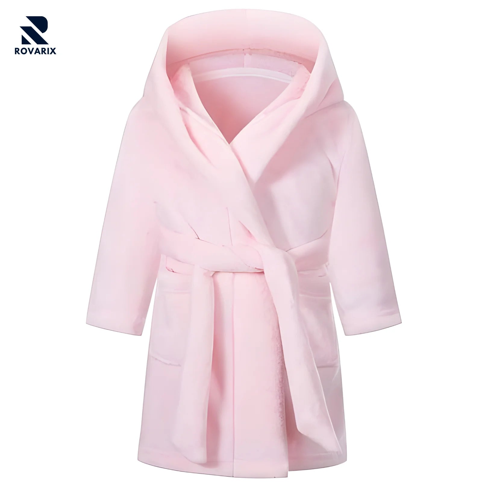 Pink robe with a belt on a white background, featuring the Rovarix brand.