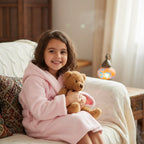 Young girl in a pink robe holding a teddy bear in a cozy room.