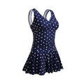 Rovarix women's navy polka dot one-piece bathing suit halter swim dress molded cups skirted bottom