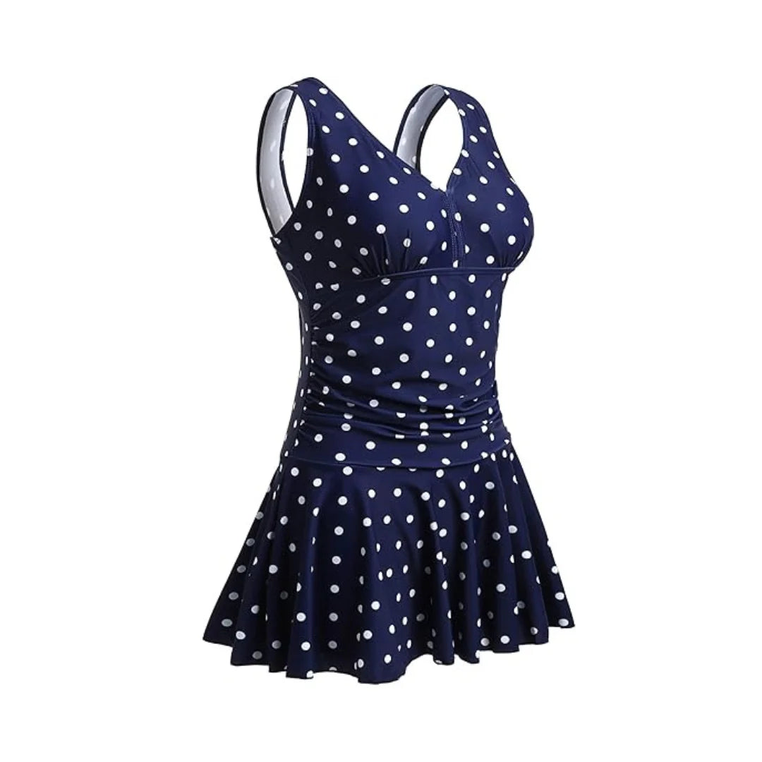 Rovarix women's navy polka dot one-piece bathing suit halter swim dress molded cups skirted bottom