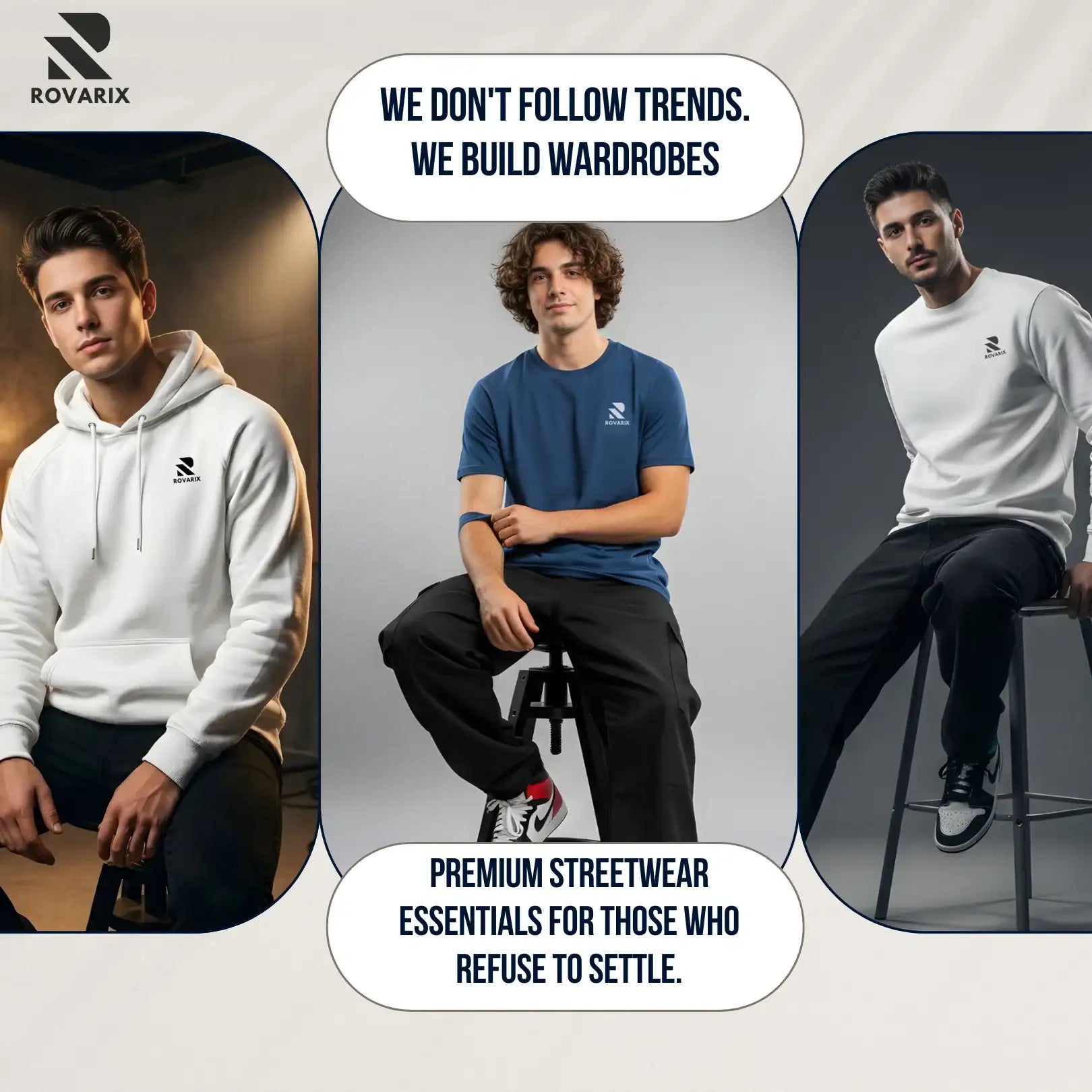 Three individuals wearing Rovarix streetwear with text about brand values.