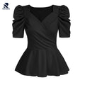 Rovarix women's black peplum top puff sleeves wrap V-neck fitted bodice flared hem flat lay